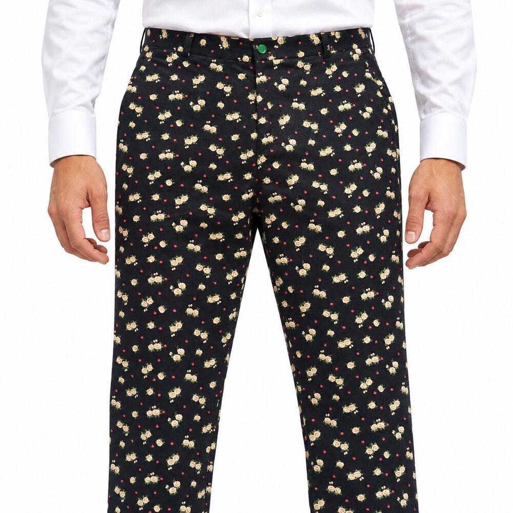 Mens 36 Black Cream Floral Corduroy Straight Fit Dress Pants Handmade Trousers